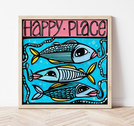 Fish Signed Art Print. Fun Fishing Decor. Blue Coastal Artwork. Colorful  Lake Beach House & Cottage Log Cabin Home Decor. Happy Place Art. 