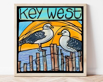 Stampa artistica di Key West, Florida, Gabbiani stravaganti sulla spiaggia, Decorazioni colorate della costa della Florida, Divertente arte da spiaggia per gli amanti dei viaggi