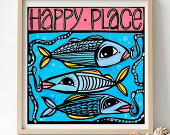 Happy Place Fish Art Print | Bold Folk Art Nursery Wall Art | Colorful Coastal Fishing Decor, Fisherman Gift Print for Lake & Beach House