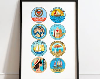 Rhode Island Wall Art Print - Newport, Block Island, Wickford & Narragansett Wall Art Decor, Rhode Island State Gift for New England lovers.