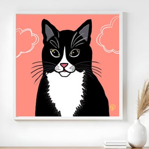 Tuxedo Cat Art Print on Pink Backdrop, Black and White Cat Wall Art, Minimalist Feline Illustration for Cat Lovers, Cute Pet Decor Gift