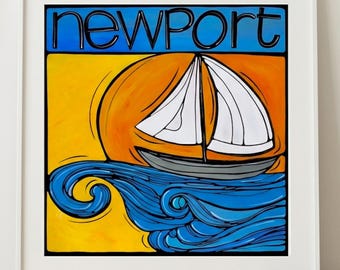 Newport Rhode Island Sailboat Print, Newport RI Wall Art, Coastal Sailboat Art, Newport Souvenir Gift, New England Decor, Original Art Print