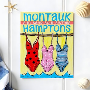 CARTE POSTALE IMPRESSION D'ART 4 x 6 Montauk Hamptons | rétro côtière de maillot de bain | Sun Sand Soul Sisters, souvenir girly de plage de New York et cadeau d'anniversaire