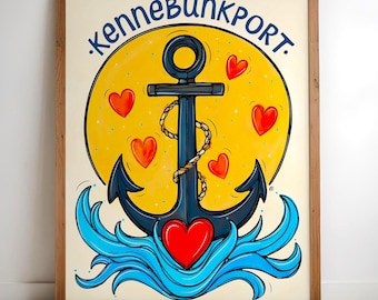 Kennebunkport Anchor Art Print, Whimsical Nautical Wall Decor with Hearts, Coastal Maine Illustration, Vibrant Beach House Artwork
