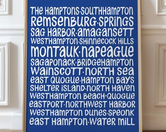 The Hamptons Coastal Typography Art Print - Nautical Wall Decor for Beach House, Whimsical NY State Towns Poster