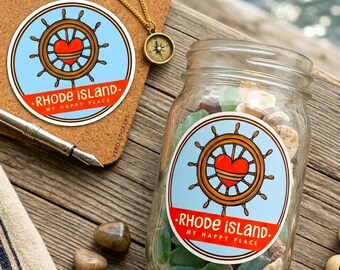 Sticker Rhode Island My Happy Place, Rhode Island-souvenircadeau, hartsticker schip wiel, laptopsticker waterfles, cadeau Ocean State