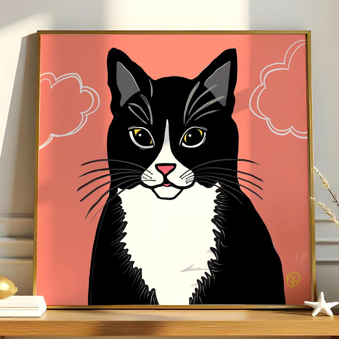 Tuxedo Cat Art Print on Pink Backdrop, Black and White Cat Wall Art ...