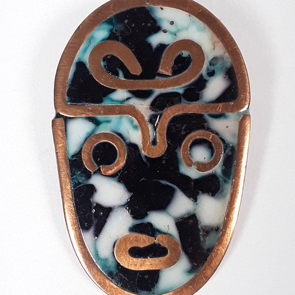 Vintage Copper Mexican FACE Brooch/Pin with Stone Inlay, FREE SHIPPING