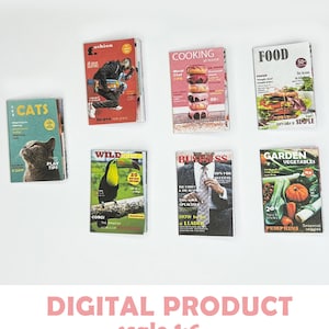 Printable Miniature Mixed Magazines – 1:6 Scale DIY Dollhouse Digital Download – 7 Covers + Inside Pages - Openable books