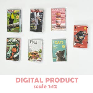 Printable Miniature Mixed Magazines – 1:12 Scale DIY Dollhouse Digital Download – 7 Covers + Pages - Openable books