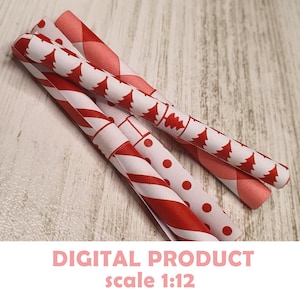 Papier do pakowania prezentów świątecznych do druku – skala 1:12 Opakowanie domku dla lalek DIY – miniaturowe opakowanie na prezenty świąteczne