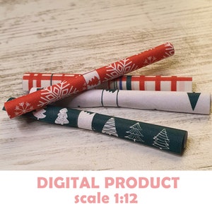 Mini Christmas Gift Wrap Set – 1:12 Scale Printable Dollhouse Packaging – New Holiday Patterns