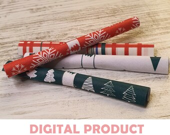 May include: Four miniature rolls of wrapping paper with Christmas designs. The rolls are red with white snowflakes, red and white plaid, white with blue stripes, and green with white Christmas trees. The rolls are on a light wood surface. Digital product, scale 1:12.