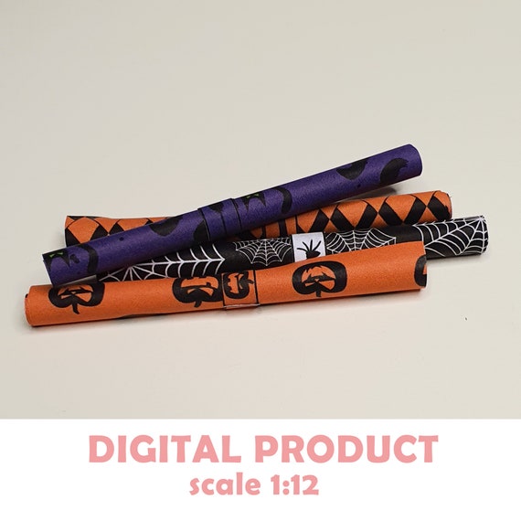 Printable Mini Halloween Wrapping Paper – 1:12 Scale DIY Dollhouse Packaging – Digital Download