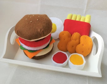 Filz XL Hamburger Menü + Fries und Huhn Nuggets | Filz Burger Restaurant Set | Filz Burger Set | Filz Essen Spielzeug für Baby und Kleinkind