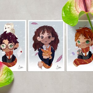 Cartes postales illustrées - Harry, Ron et Hermione, au choix, imprimé en France sur papier de qualité