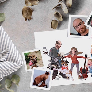 Formules : Illustration personnalisée (famille, couple, animal). Prix variant suivant nombre de personnes, objet, animal, fond.