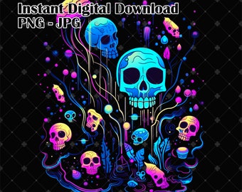 Surreal Neon Skull Digital File Sublimation - Printable PNG Design for T-Shirts, Posters, and More!