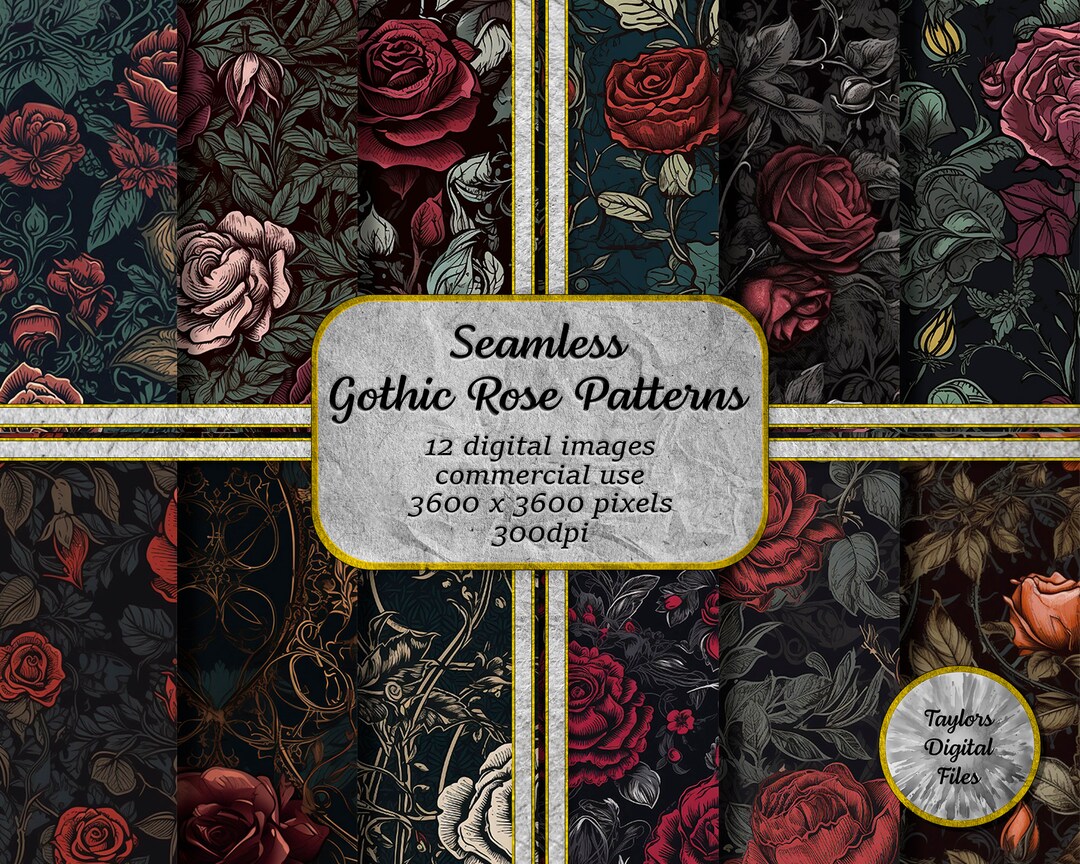 12 Gothic Rose Seamless Digital Patterns, Instant Download Paper Set ...