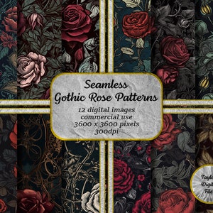 12 Gothic Rose Seamless Digital Patterns, Instant Download Paper Set, Downloadable Crafting supplies, Sublimation - Gothic Rose Pack 1