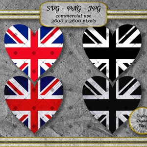 Union Jack em formato de coração - aparência limpa e suja - uso comercial - arquivos de corte digital SVG - JPG - PNG para sublimação - download instantâneo