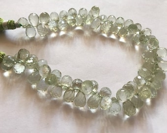 Fine AAA Quality -- Natural Green Amethyst Faceted Drops Briolettes , 7x9 - 7x10 mm approx , 8 inch strand
