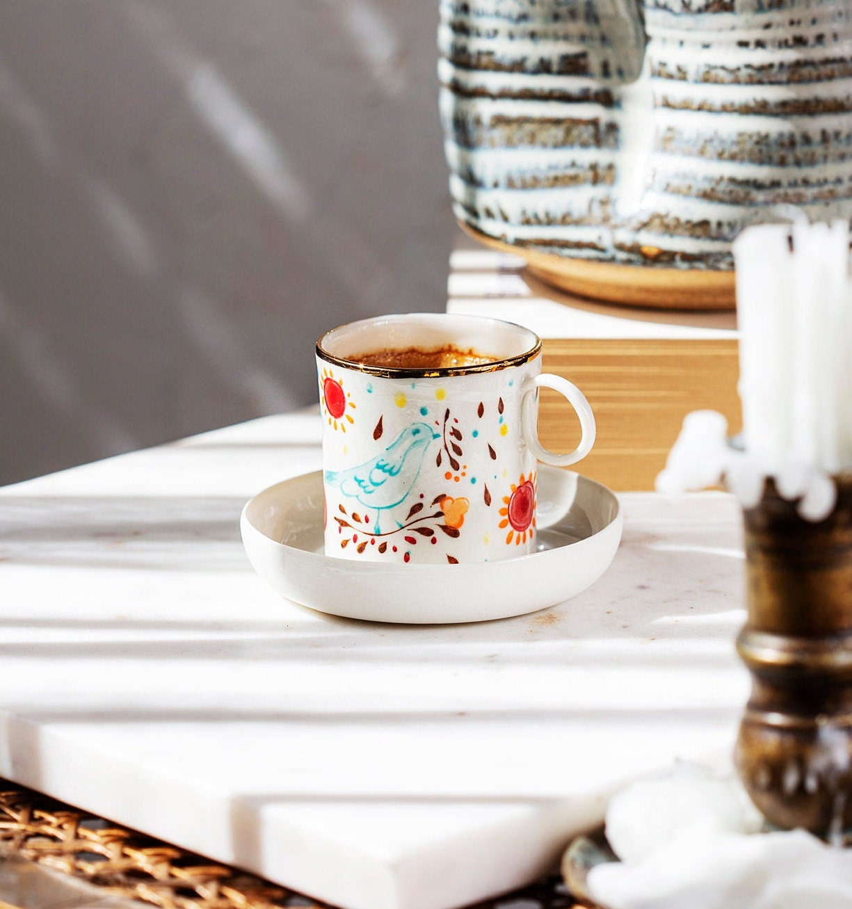 Nature Colorée. Tasse à Café/Tasse en Porcelaine Faite La Main et Sous-Verre | Assiette Français Lim