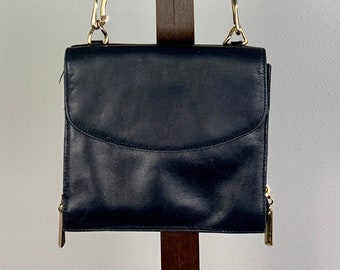 Vintage Accessory / Bag - Shoulder Bag / Wallet-On-Strap in Navy Blue Leather & Gold-Tone Hardware