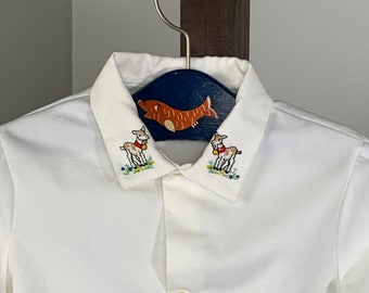 Vintage Baby / Toddler - Long Sleeve Collared Button-Up Shirt in White with Embroidered Goat Patches on Collar