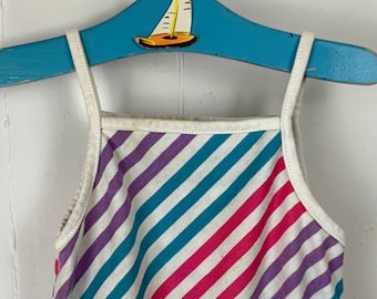 Vintage Baby / Toddler - Healthtex Tank Top in White & Pink / Blue / Purple Diagonal Stripes