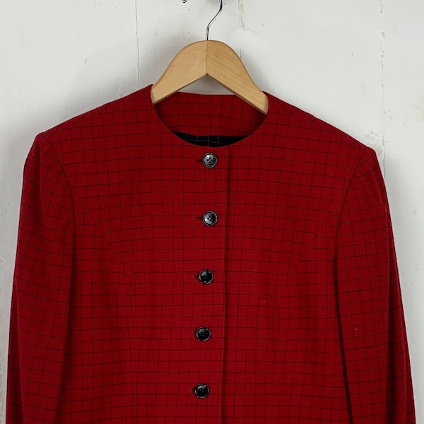 Vintage Suiting / Jacket - Long-Sleeve Collarless Blazer in Red Wool with Black Windowpane Plaid Print