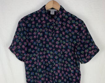 Vintage Top - Short-Sleeve Collared Button-Up Shirt in Black with Multi-Color Batik