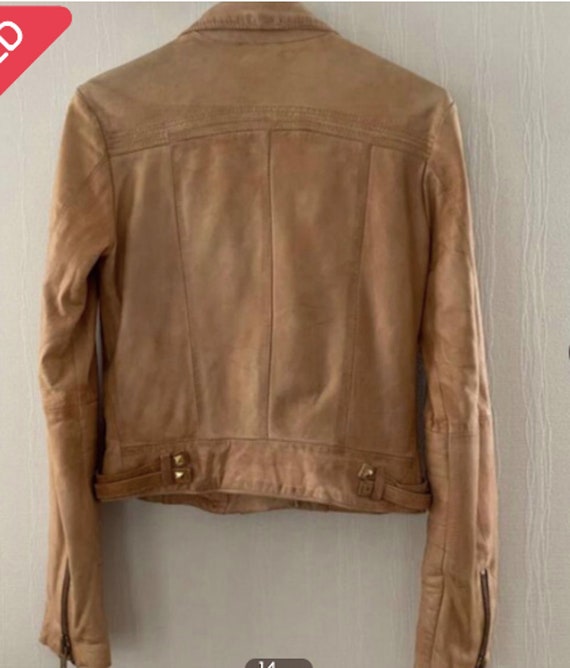 Mango 100% Sheep Leather Moto Jacket Women XXS Tan Beige