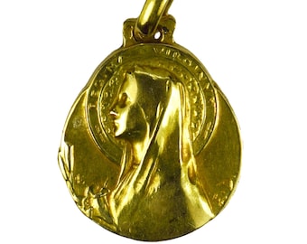 French Emile Dropsy Virgin Mary 18K Yellow Gold Medal Pendant