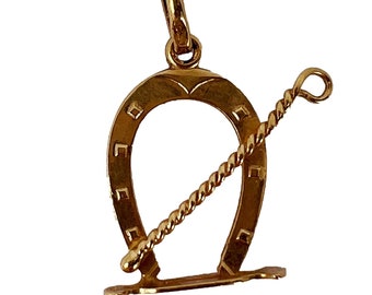 Lucky Horseshoe and Whip 18K Yellow Gold Charm Pendant