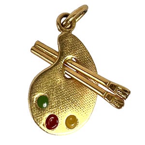 Vintage French Artist&#39;s Palette 18K Yellow Gold Enamel Charm Pendant