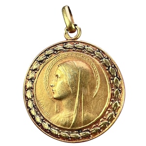 French Monet Virgin Mary 18K Yellow Gold Medal Pendant
