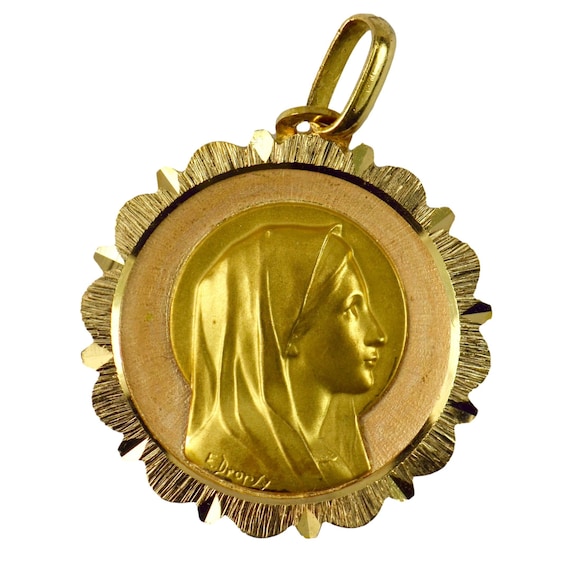 French Dropsy Virgin Mary 18K Yellow Gold Medal P… - image 1