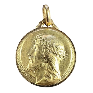 French 18K Yellow Gold Jesus Christ Crown of Thorns Medal Charm Pendant