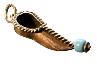 Curled Toe Shoe 14K Yellow Gold Blue Bead Charm Pendant