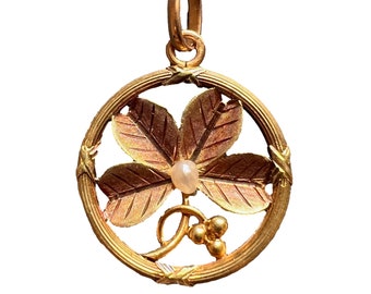 French Lucky Shamrock Four Leaf Clover 18K Yellow Gold Pearl Charm Pendant