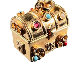 French Mechanical Treasure Chest 18K Yellow Gold Gem Set Charm Pendant