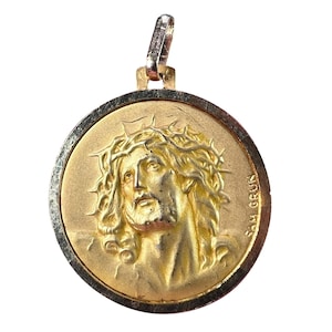 French Grun 18K Yellow Gold Jesus Christ Crown of Thorns Medal Charm Pendant