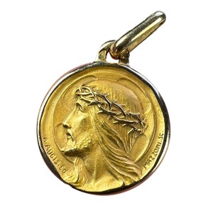 French Augis Mazzoni Jesus Christ Crown of Thorns  18K Yellow Gold Medal Pendant