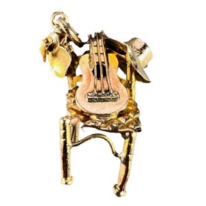 Spanish Guitar Castanets Hat Musicians Chair 18K Yellow Gold Charm Pendant