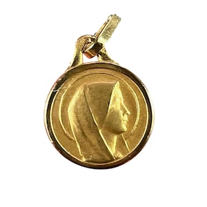 Small French Virgin Mary 18K Yellow Gold Medal Pendant Charm