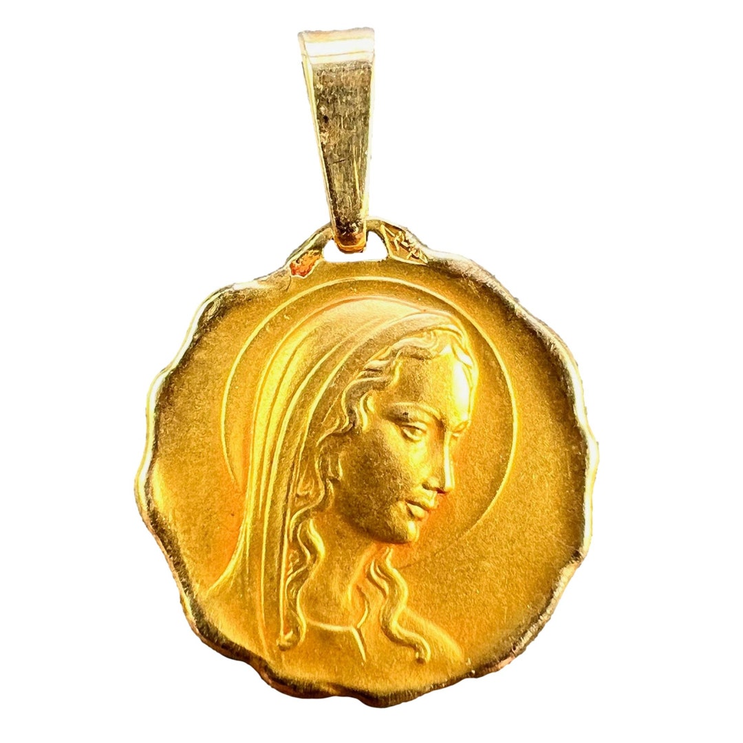 French Virgin Mary 18K Yellow Gold Religious Medal Pendant - Etsy