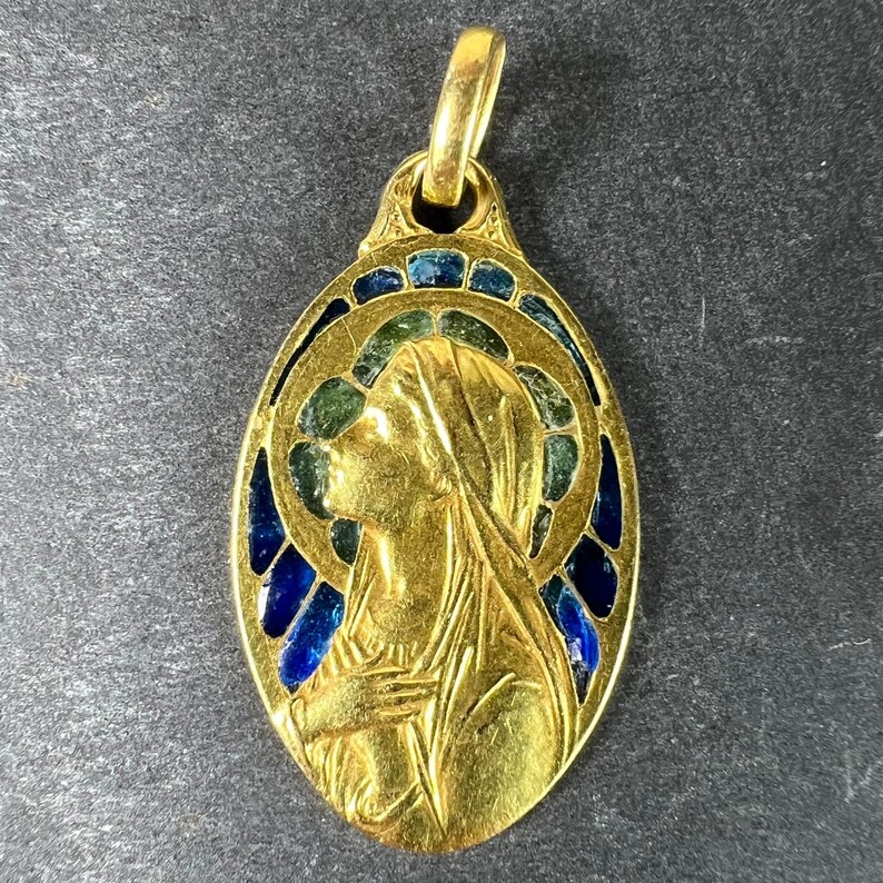 Antique French Virgin Mary Plique A Jour Enamel 18K Yellow Gold Pendant ...