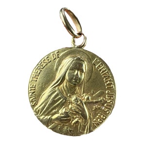 French St Therese 18K Yellow Gold Religious Medal Pendant