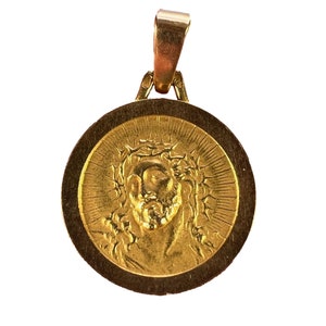 French 18K Yellow Gold Jesus Christ Crown of Thorns Medal Charm Pendant